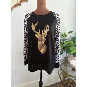Womens Christmas Black Long Sleeve Top Gold Sequin Reindeer Animal Print‎ Raglan